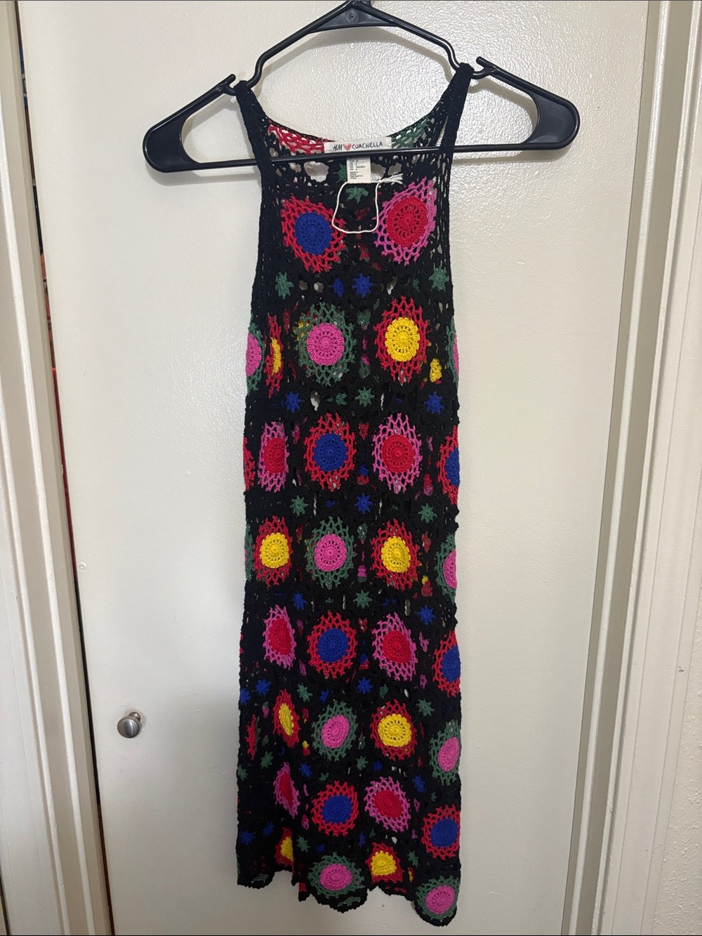H&M Coachella Black Crochet Mini Dress with Multicolor Floral Circles
